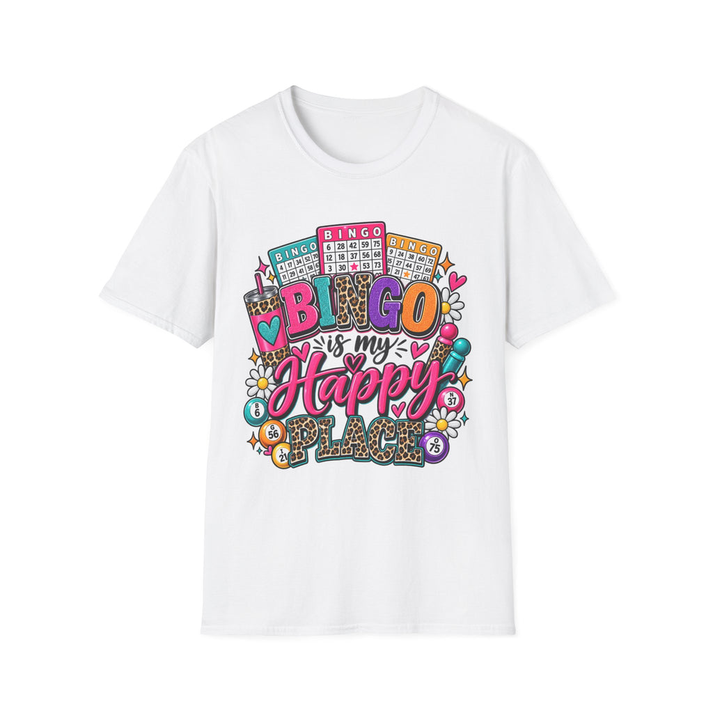 Bingo Is My Happy Place T-Shirt — Colorful Bingo Cards & Leopard Print Design