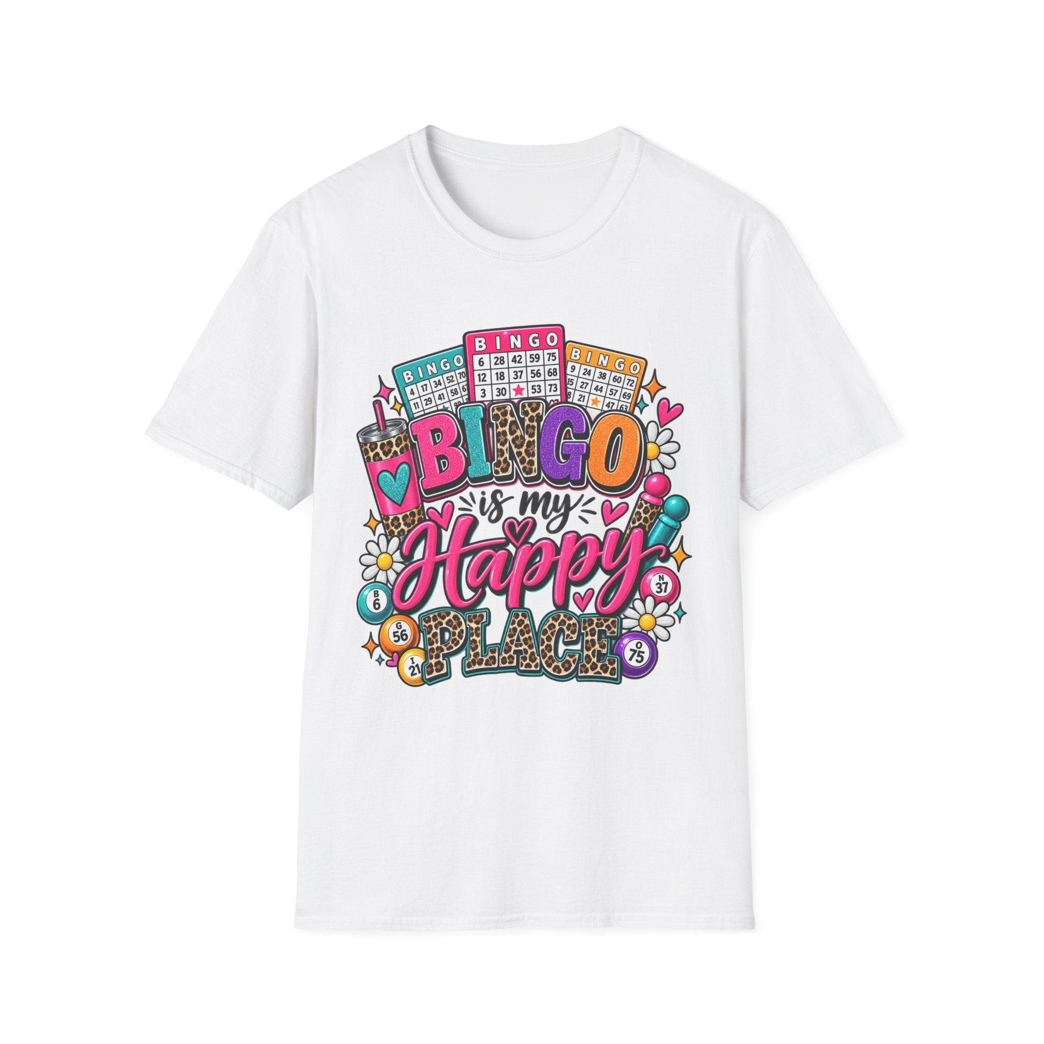 Bingo Is My Happy Place T-Shirt — Colorful Bingo Cards & Leopard Print Design