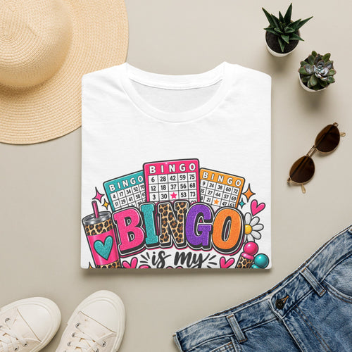 Bingo Is My Happy Place T-Shirt — Colorful Bingo Cards & Leopard Print Design