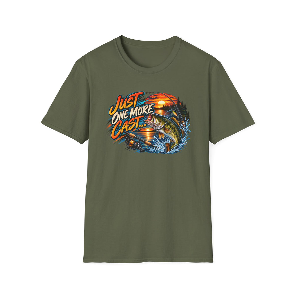 Fishing T-Shirt — "Just One More Cast" Sunset Bass Graphic Tee