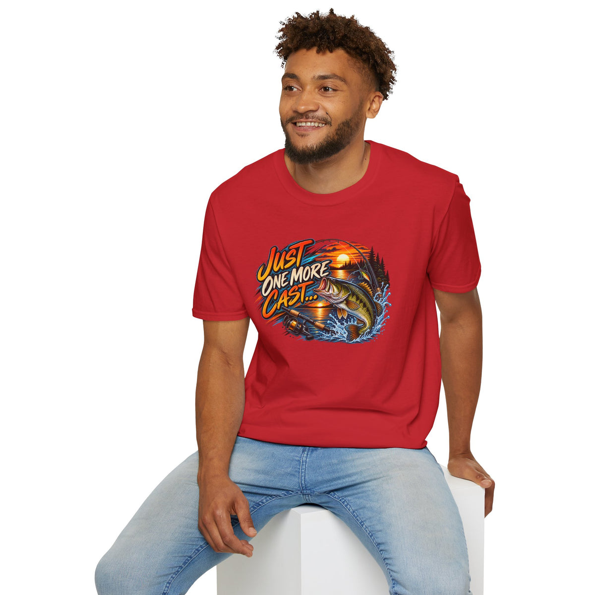 Fishing T-Shirt — "Just One More Cast" Sunset Bass Graphic Tee