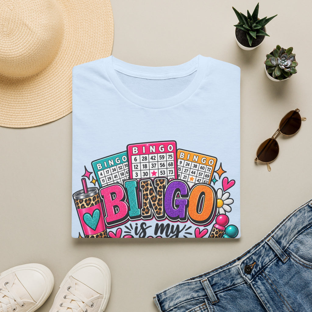 Bingo Is My Happy Place T-Shirt — Colorful Bingo Cards & Leopard Print Design