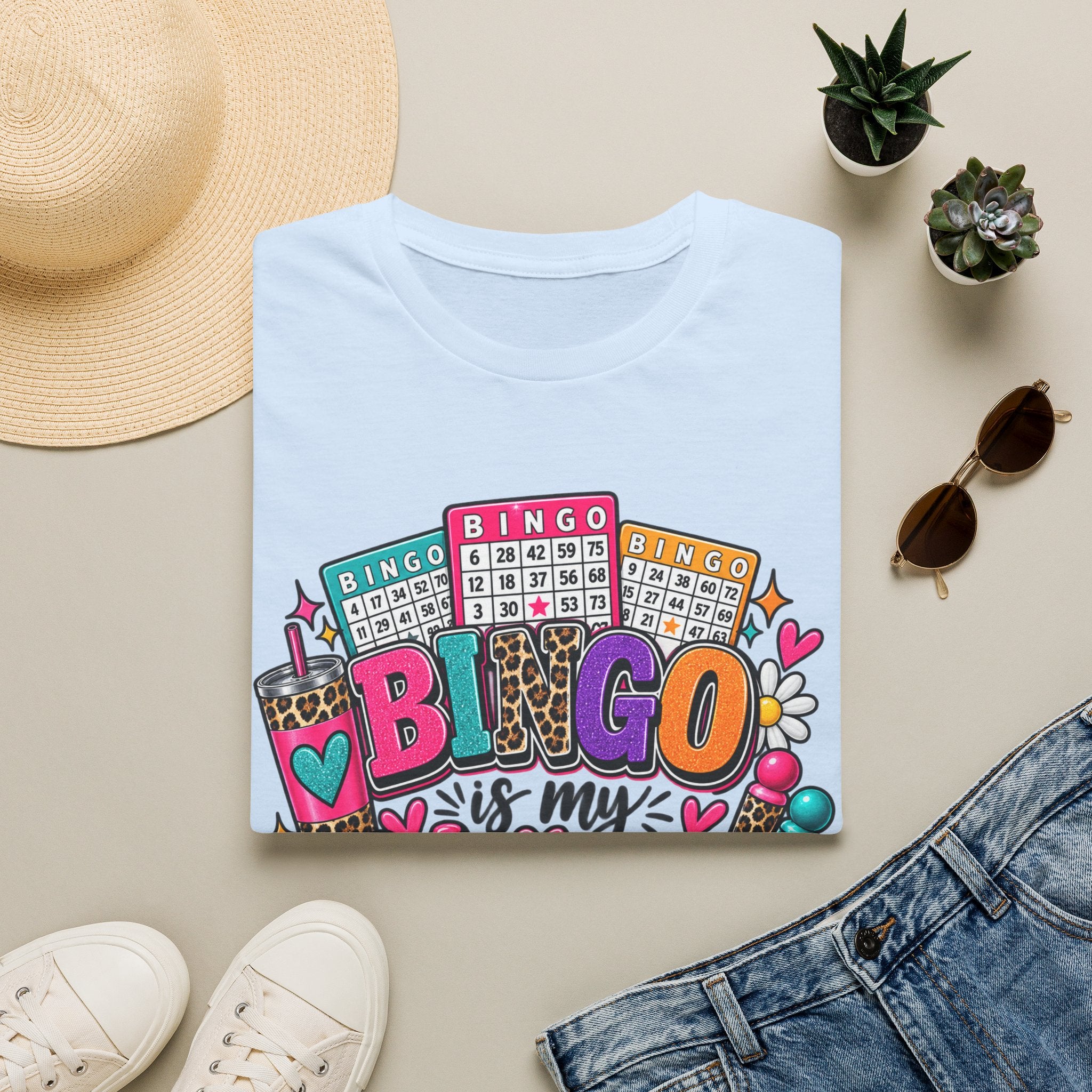 Bingo Is My Happy Place T-Shirt — Colorful Bingo Cards & Leopard Print Design