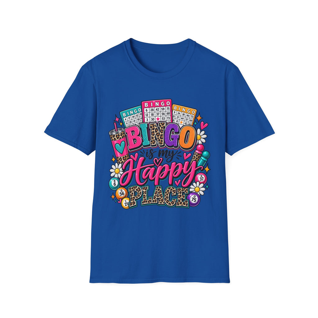 Bingo Is My Happy Place T-Shirt — Colorful Bingo Cards & Leopard Print Design