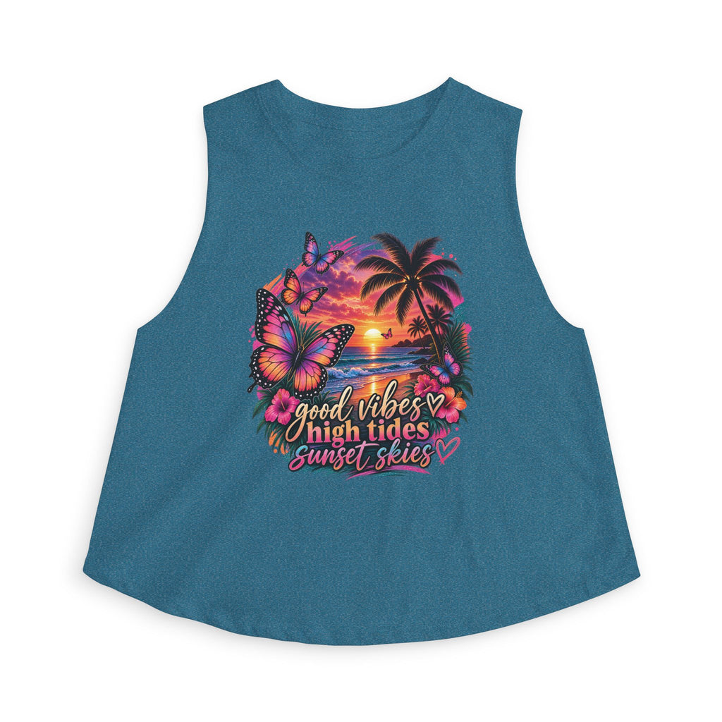 Women's Crop Top — "Good Vibes High Tides Sunset Skies" Tropical Sunset Crop