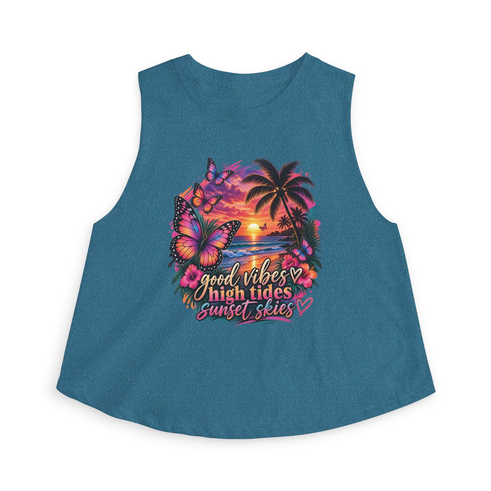 Women's Crop Top — "Good Vibes High Tides Sunset Skies" Tropical Sunset Crop