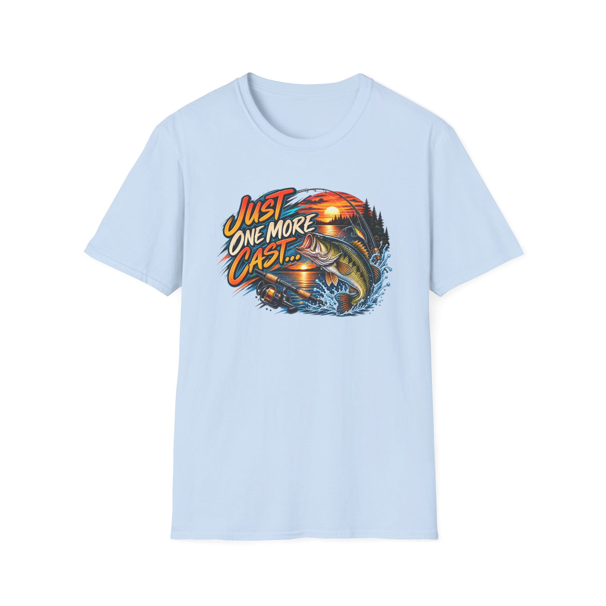 Fishing T-Shirt — "Just One More Cast" Sunset Bass Graphic Tee