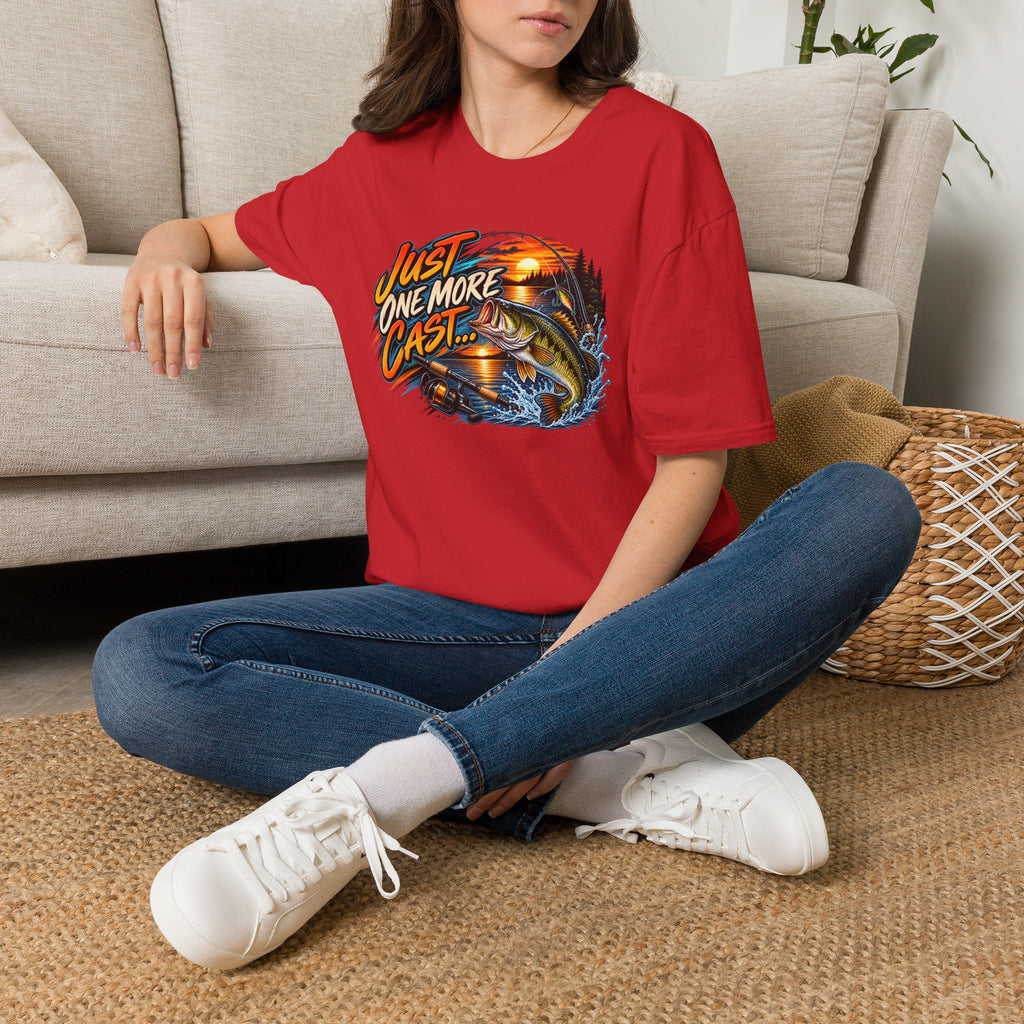 Fishing T-Shirt — "Just One More Cast" Sunset Bass Graphic Tee