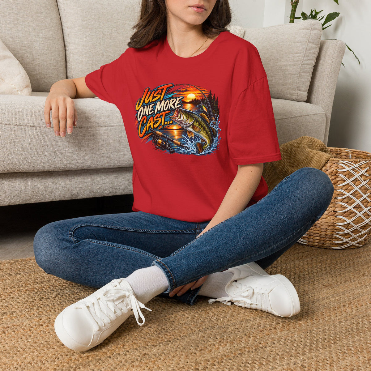 Fishing T-Shirt — "Just One More Cast" Sunset Bass Graphic Tee