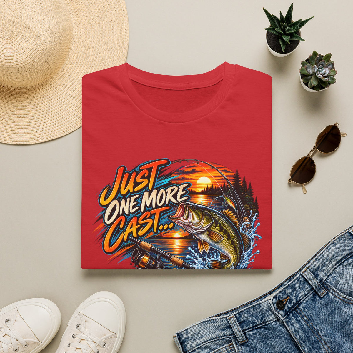 Fishing T-Shirt — "Just One More Cast" Sunset Bass Graphic Tee