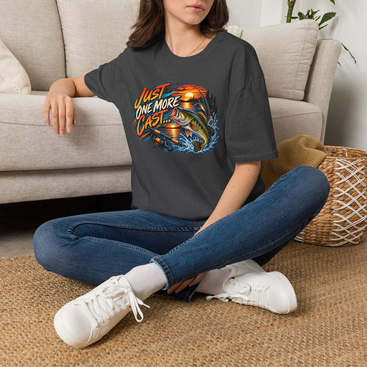 Fishing T-Shirt — "Just One More Cast" Sunset Bass Graphic Tee