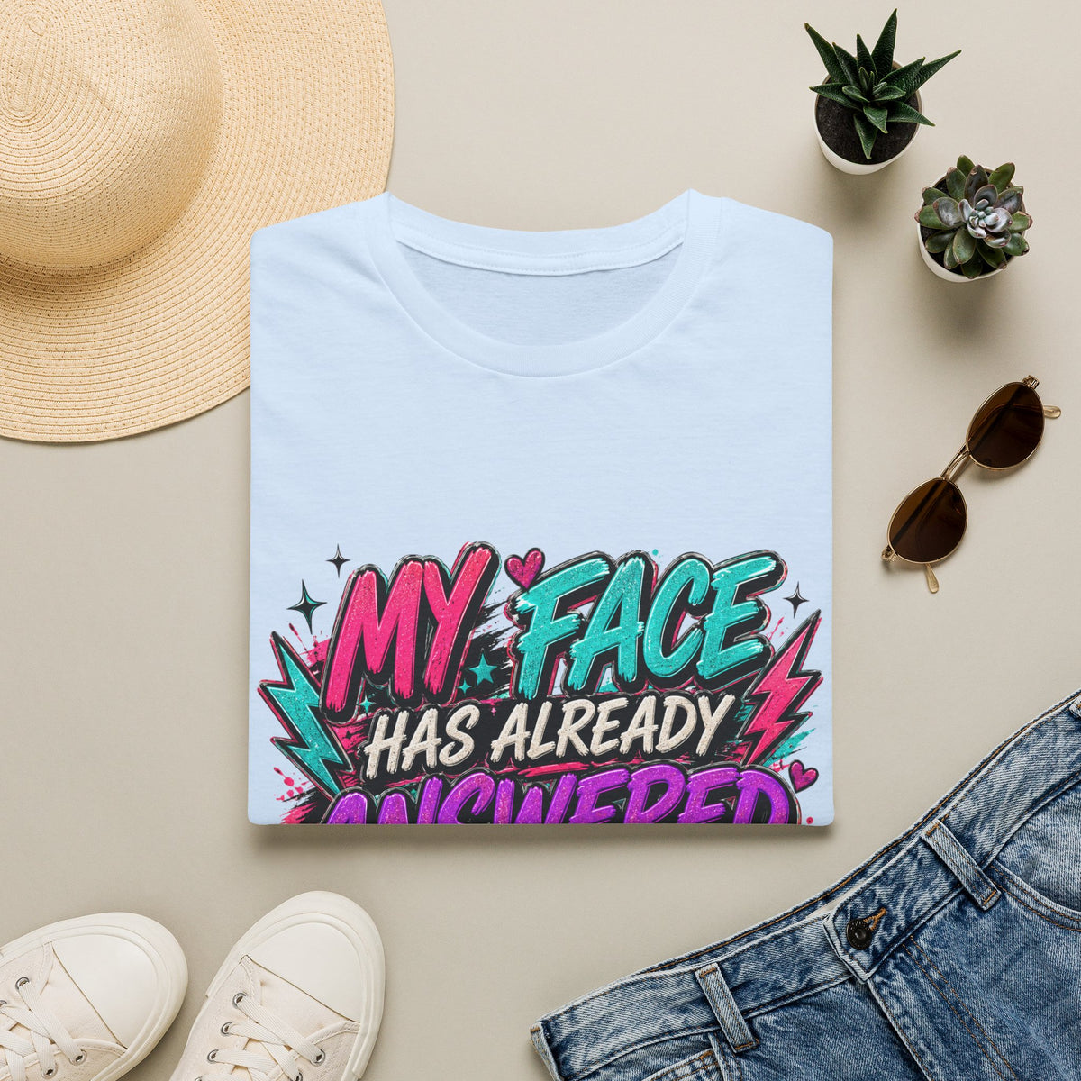 Graphic T-Shirt — "My Face Has Already Answered You" Neon Retro Tee