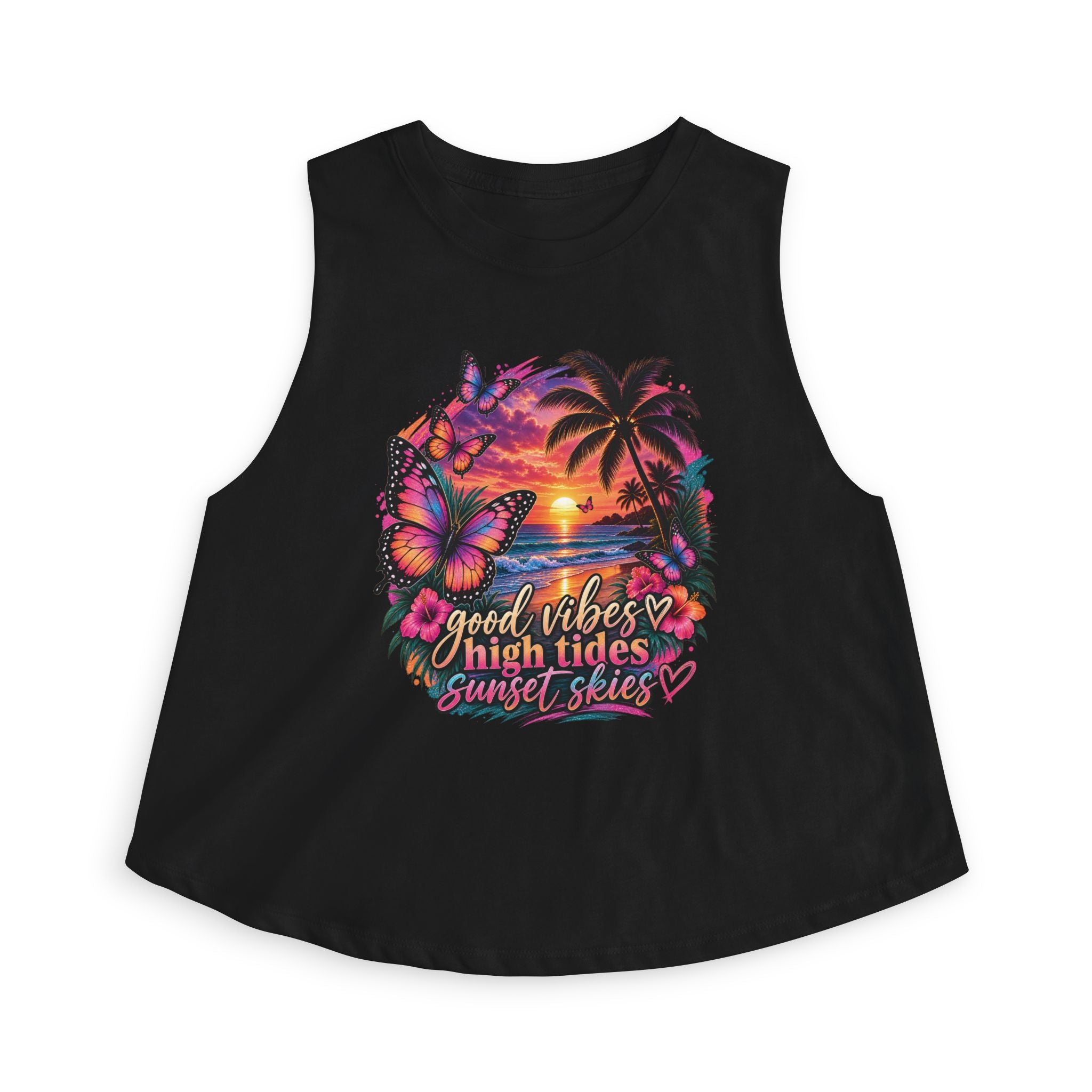Women's Crop Top — "Good Vibes High Tides Sunset Skies" Tropical Sunset Crop