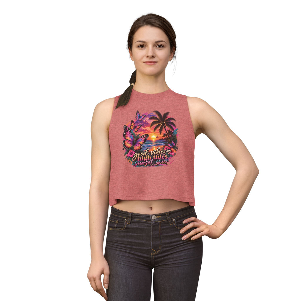 Women's Crop Top — "Good Vibes High Tides Sunset Skies" Tropical Sunset Crop