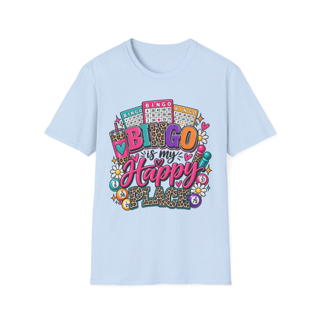 Bingo Is My Happy Place T-Shirt — Colorful Bingo Cards & Leopard Print Design