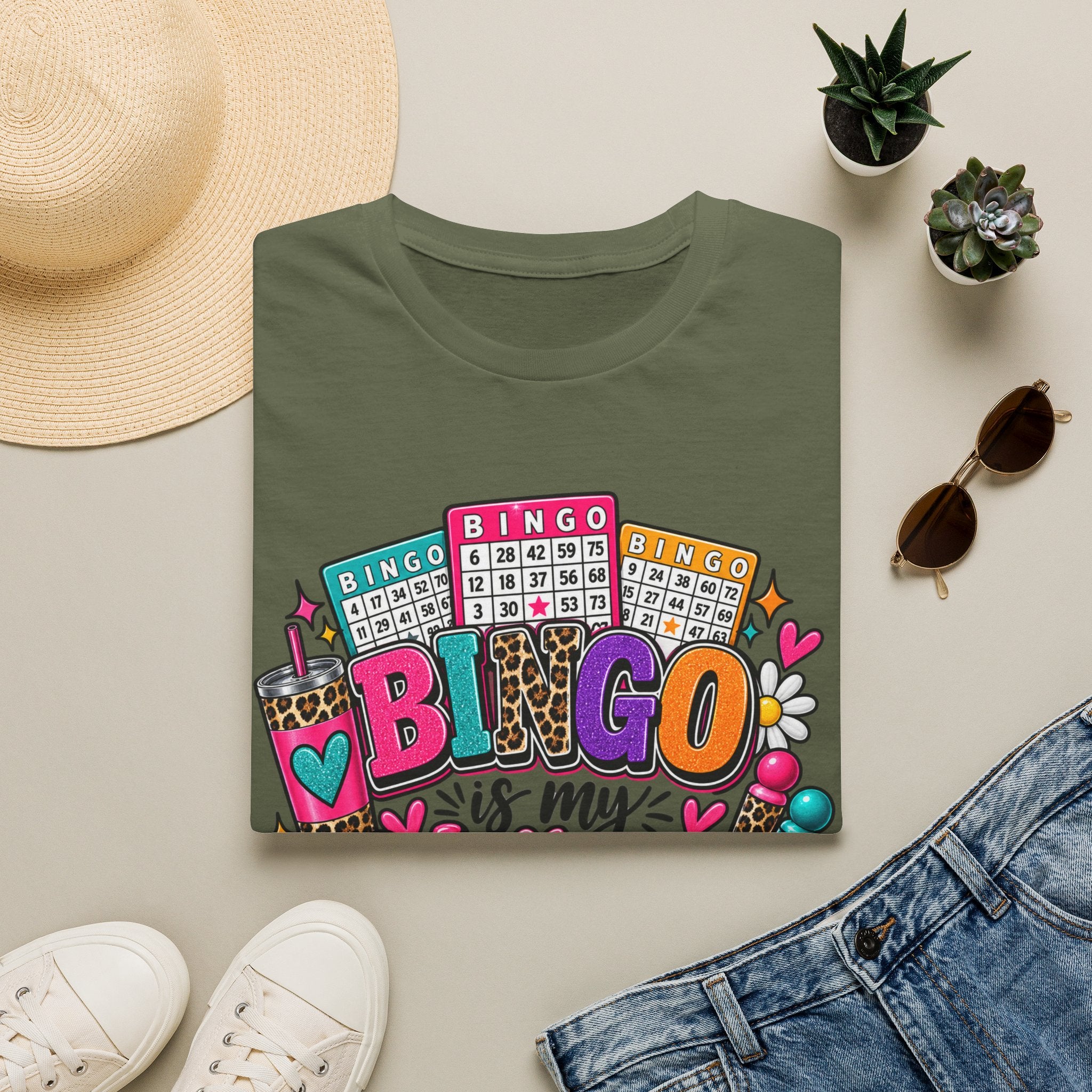 Bingo Is My Happy Place T-Shirt — Colorful Bingo Cards & Leopard Print Design