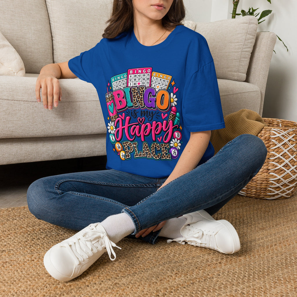 Bingo Is My Happy Place T-Shirt — Colorful Bingo Cards & Leopard Print Design