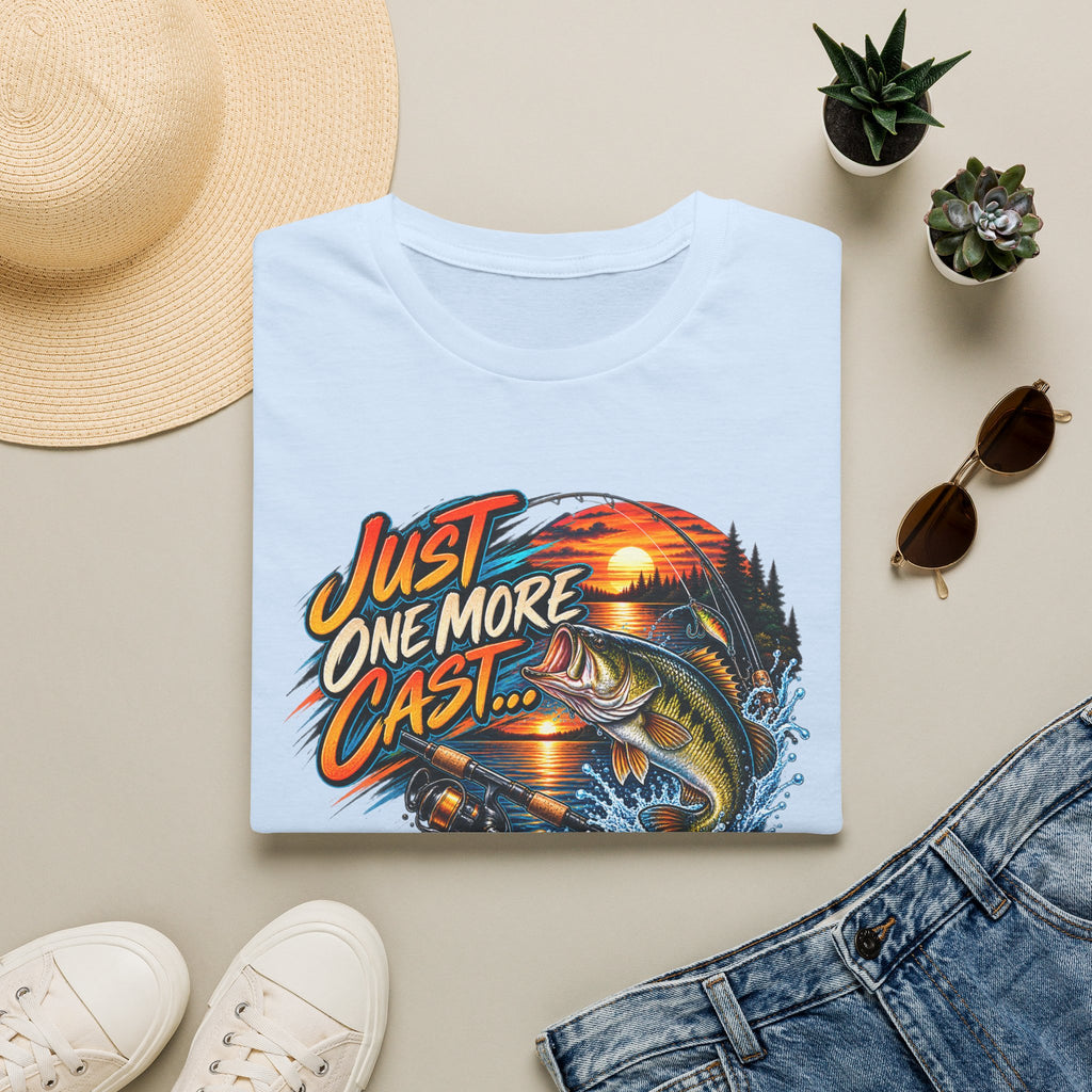Fishing T-Shirt — "Just One More Cast" Sunset Bass Graphic Tee