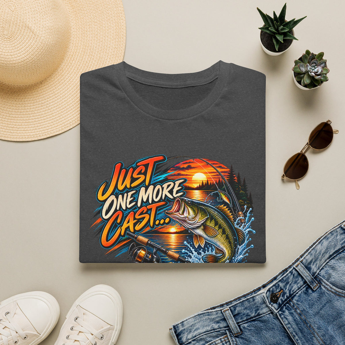 Fishing T-Shirt — "Just One More Cast" Sunset Bass Graphic Tee
