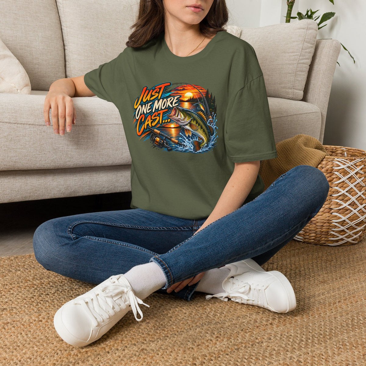 Fishing T-Shirt — "Just One More Cast" Sunset Bass Graphic Tee