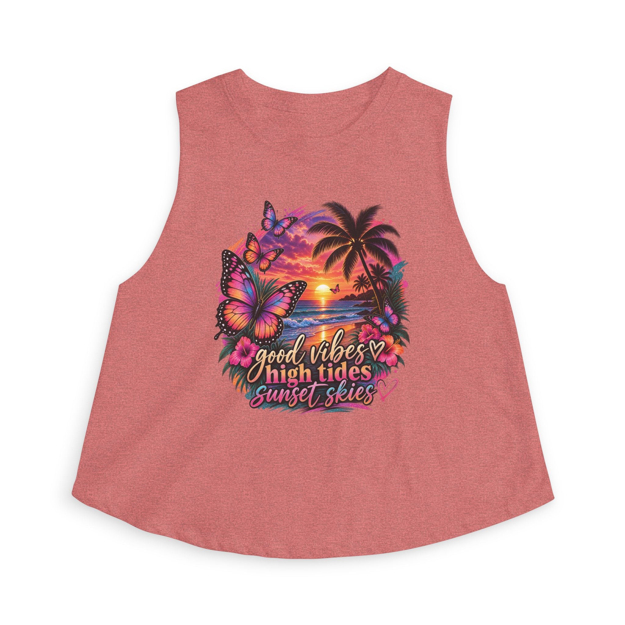 Women's Crop Top — "Good Vibes High Tides Sunset Skies" Tropical Sunset Crop