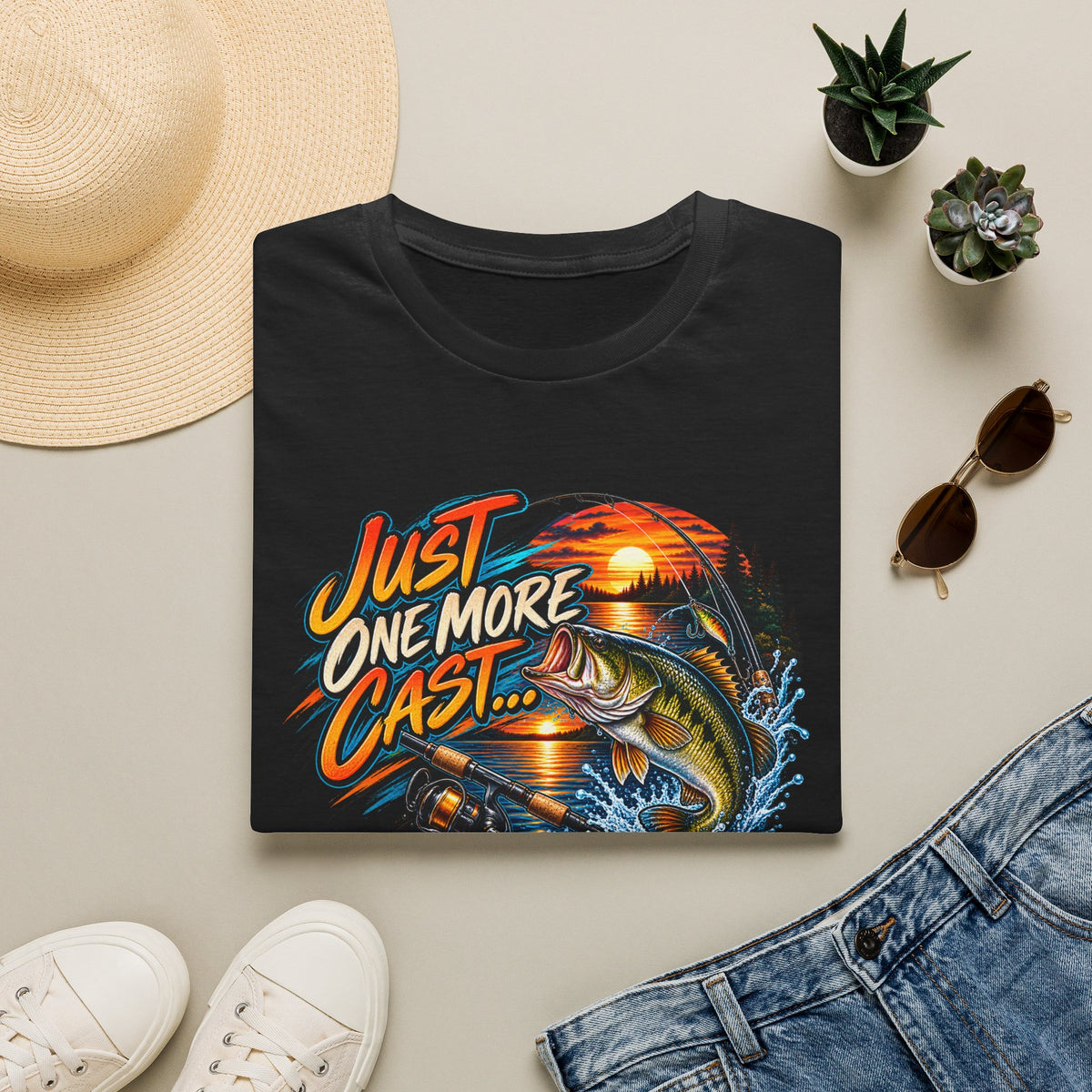 Fishing T-Shirt — "Just One More Cast" Sunset Bass Graphic Tee