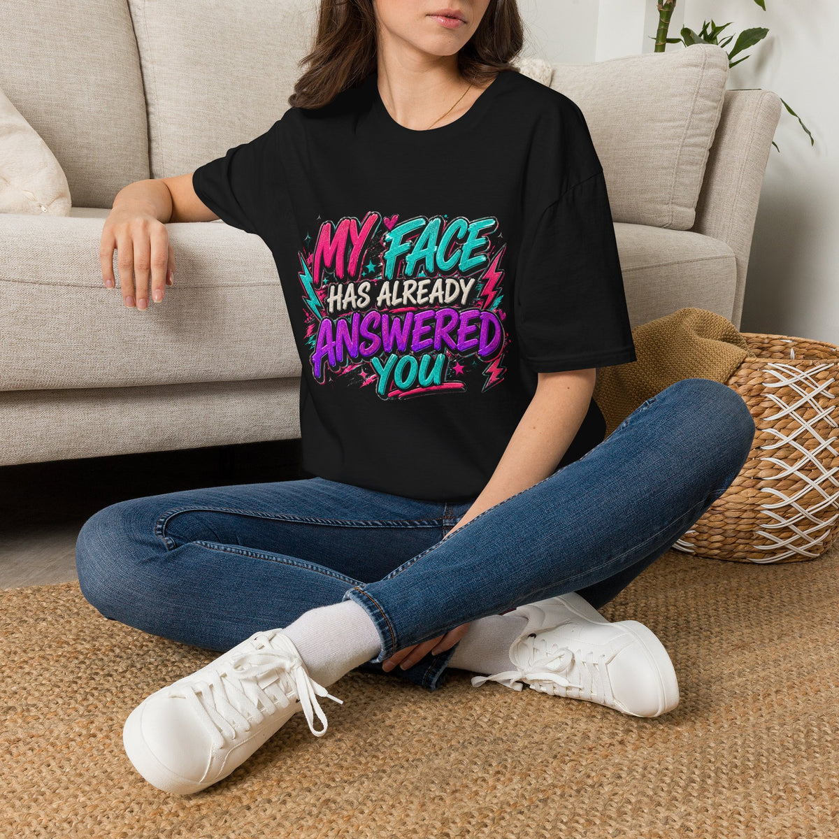 Graphic T-Shirt — "My Face Has Already Answered You" Neon Retro Tee