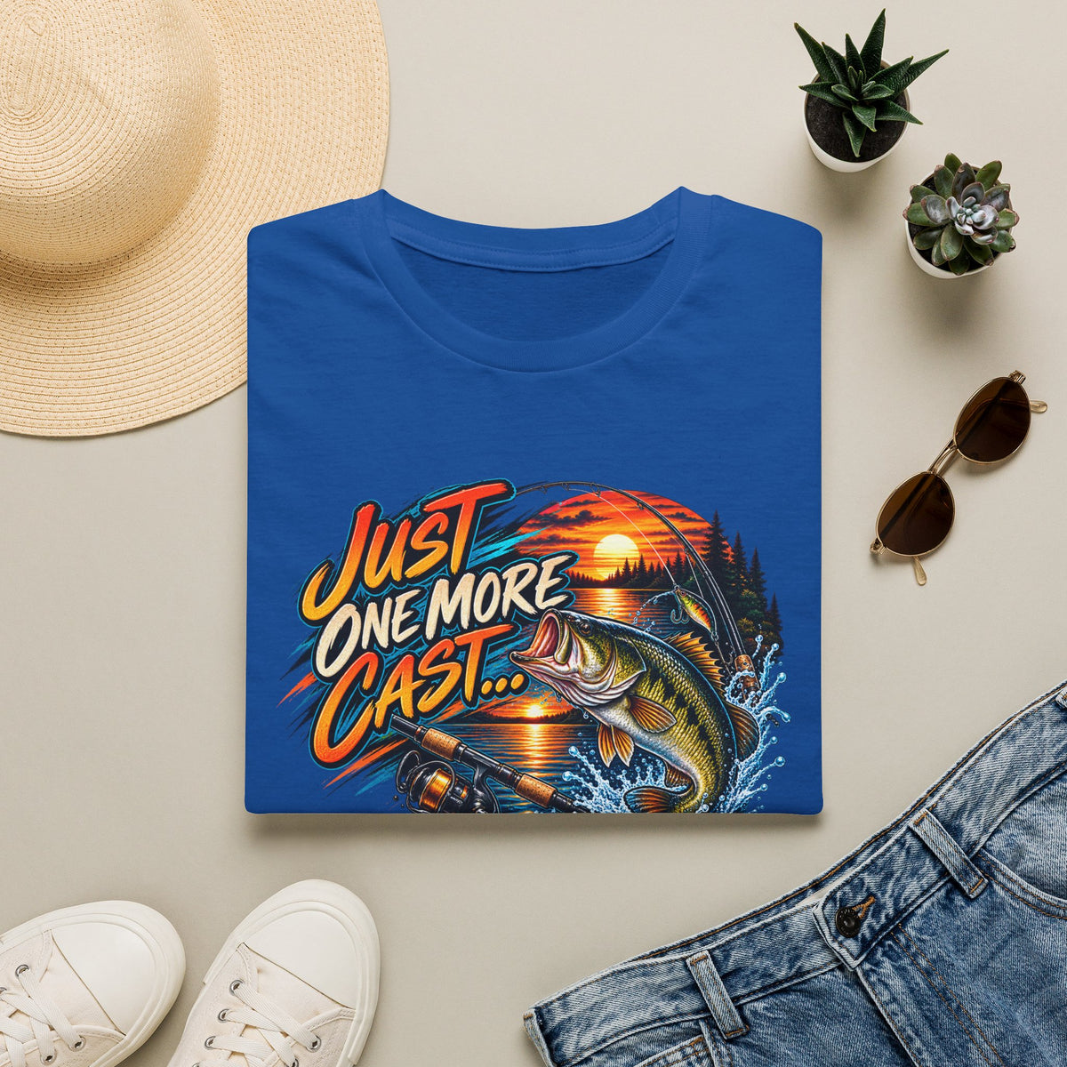 Fishing T-Shirt — "Just One More Cast" Sunset Bass Graphic Tee