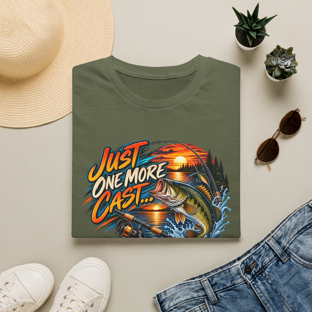 Fishing T-Shirt — "Just One More Cast" Sunset Bass Graphic Tee