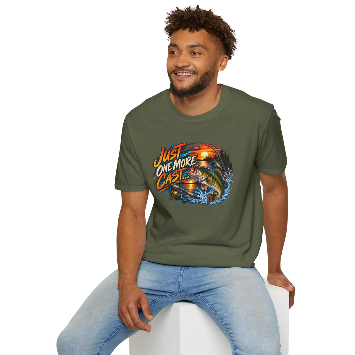 Fishing T-Shirt — "Just One More Cast" Sunset Bass Graphic Tee