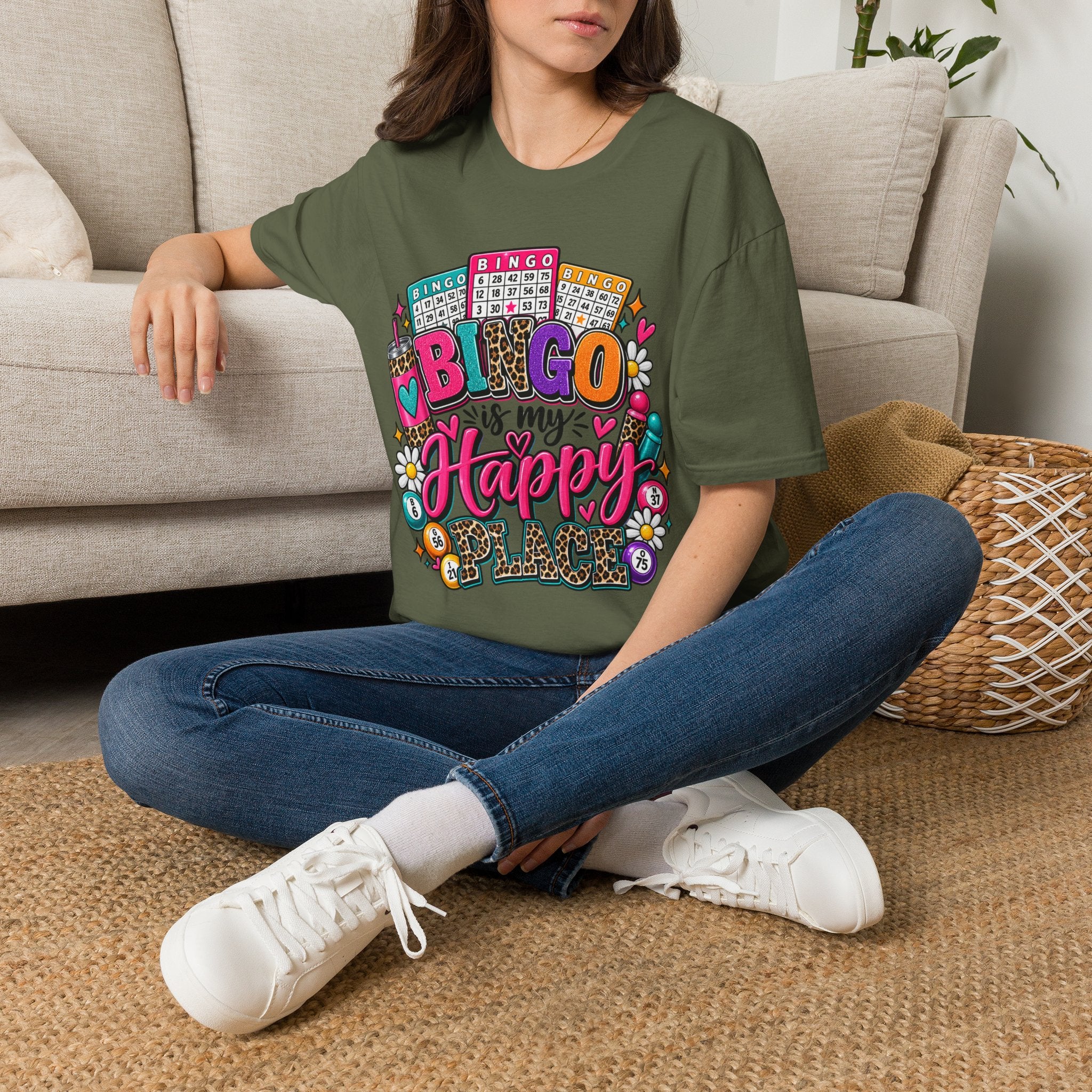 Bingo Is My Happy Place T-Shirt — Colorful Bingo Cards & Leopard Print Design