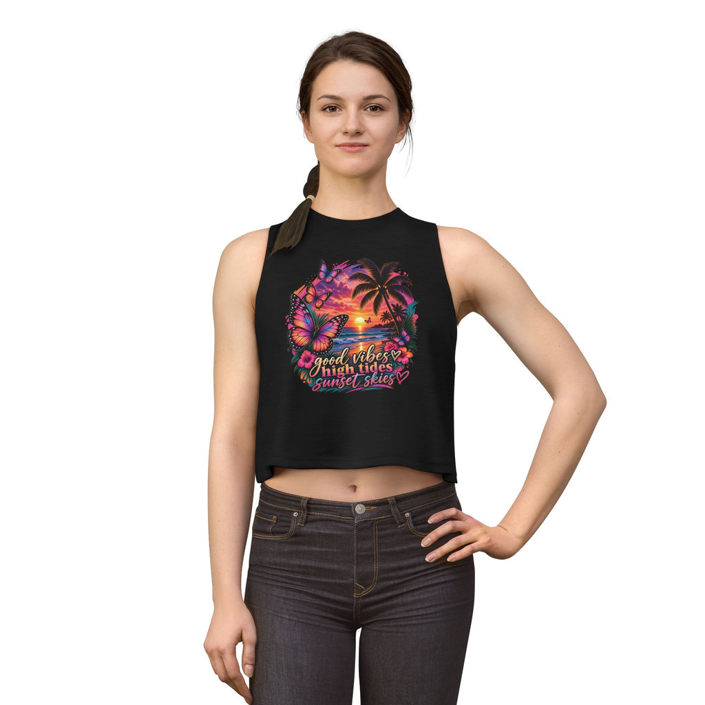 Women's Crop Top — "Good Vibes High Tides Sunset Skies" Tropical Sunset Crop
