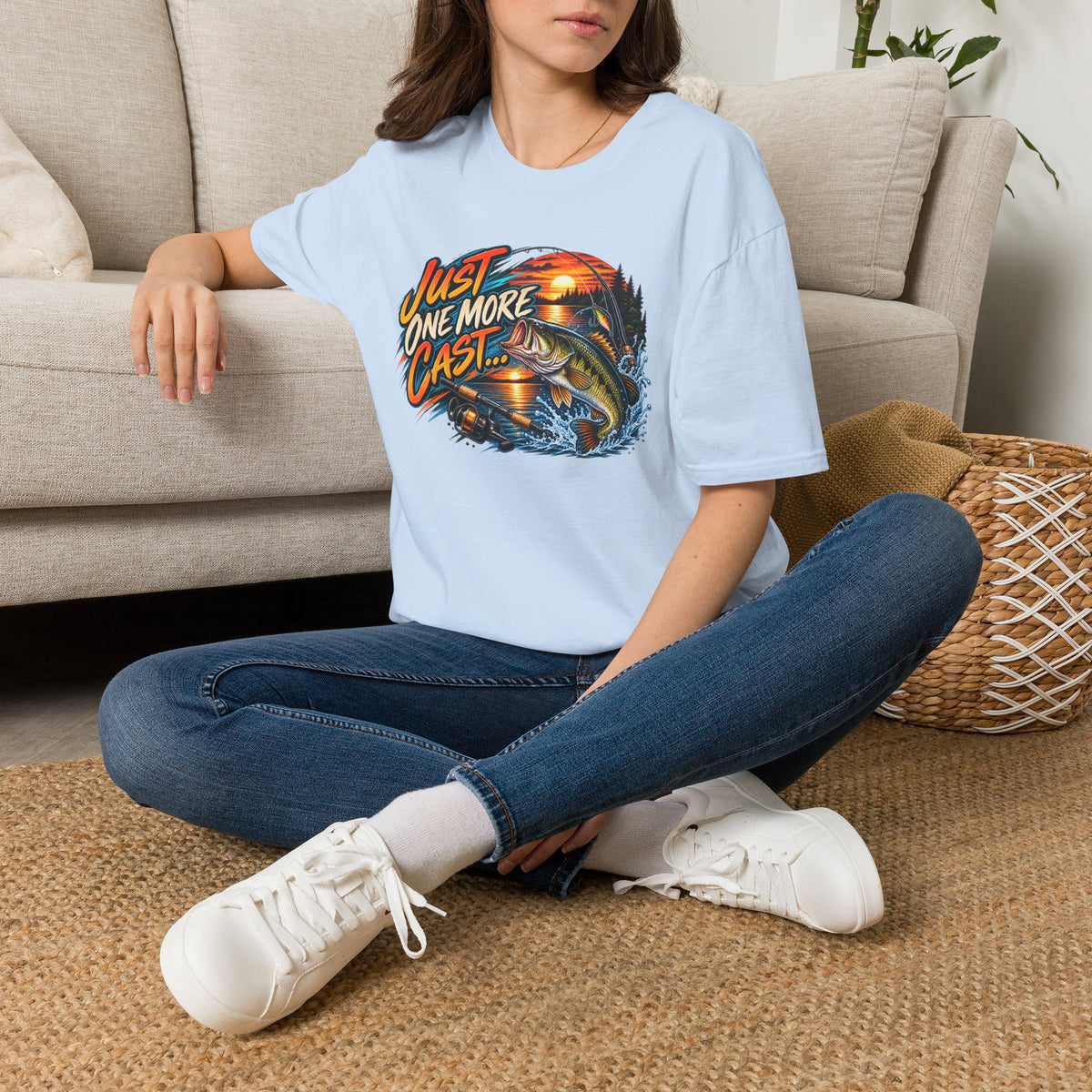 Fishing T-Shirt — "Just One More Cast" Sunset Bass Graphic Tee
