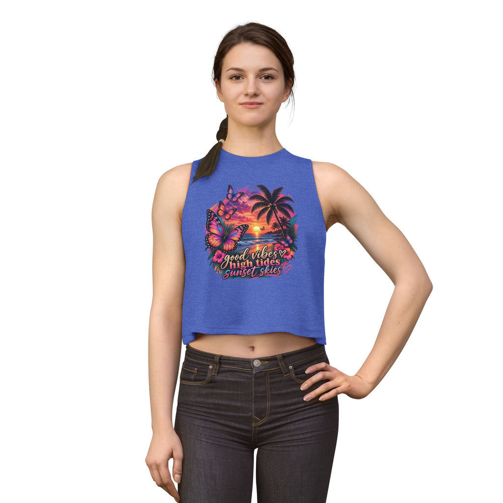 Women's Crop Top — "Good Vibes High Tides Sunset Skies" Tropical Sunset Crop