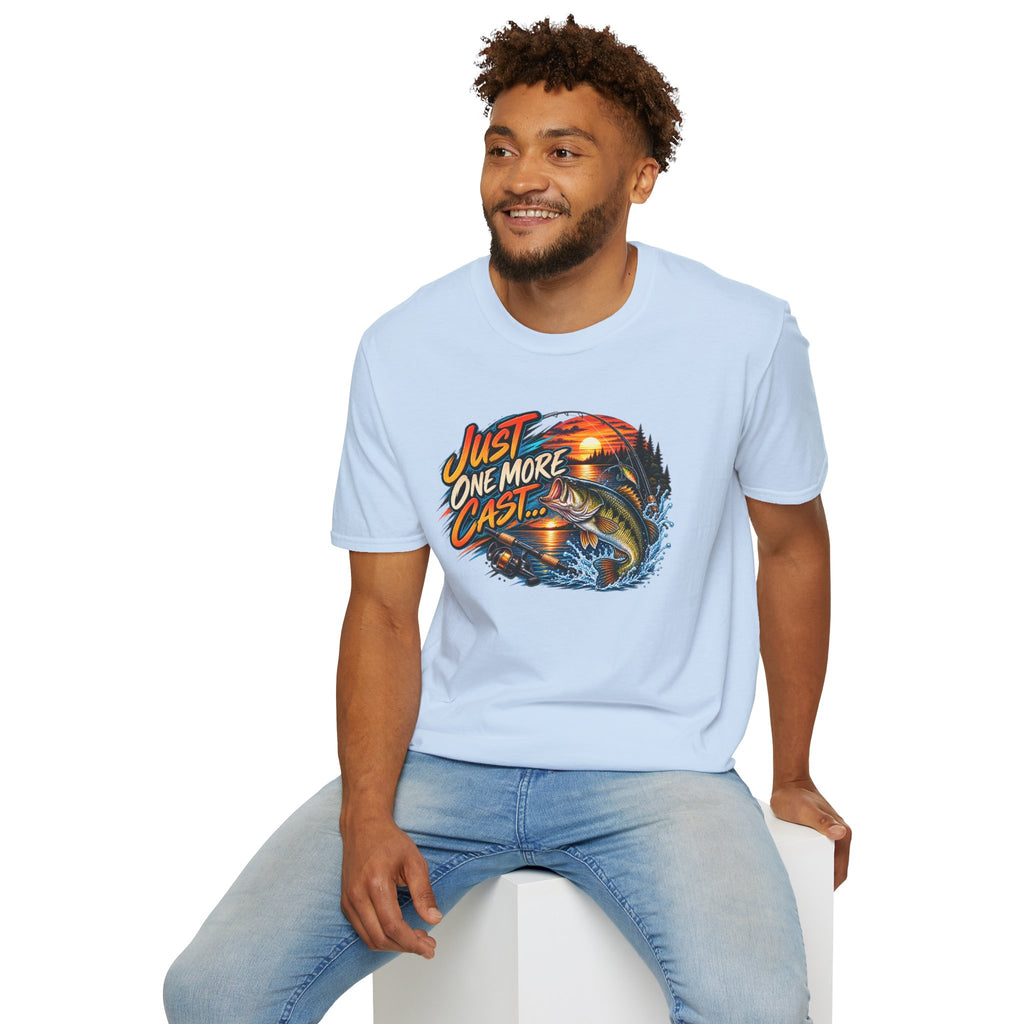 Fishing T-Shirt — "Just One More Cast" Sunset Bass Graphic Tee