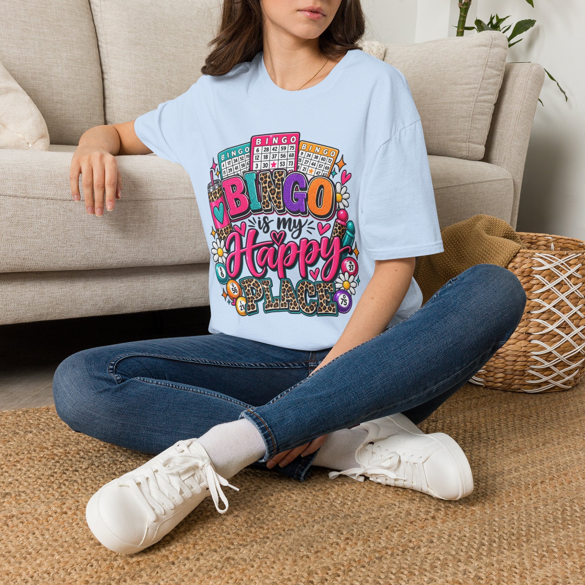Bingo Is My Happy Place T-Shirt — Colorful Bingo Cards & Leopard Print Design