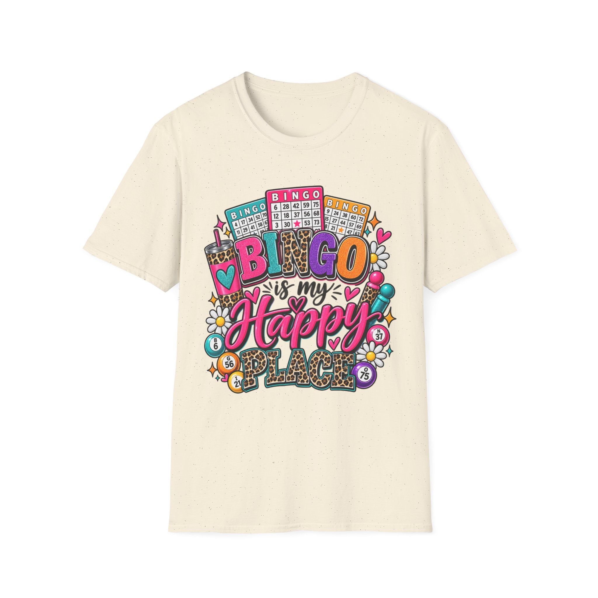 Bingo Is My Happy Place T-Shirt — Colorful Bingo Cards & Leopard Print Design