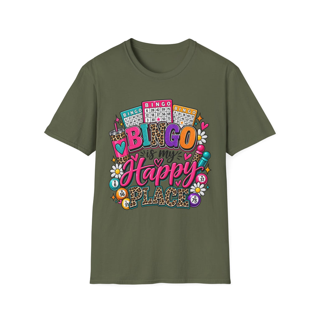 Bingo Is My Happy Place T-Shirt — Colorful Bingo Cards & Leopard Print Design