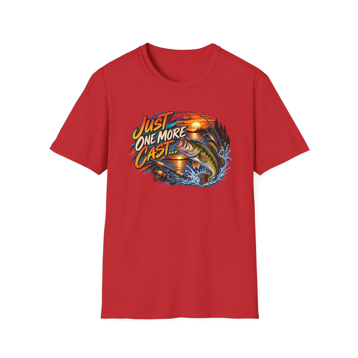Fishing T-Shirt — "Just One More Cast" Sunset Bass Graphic Tee