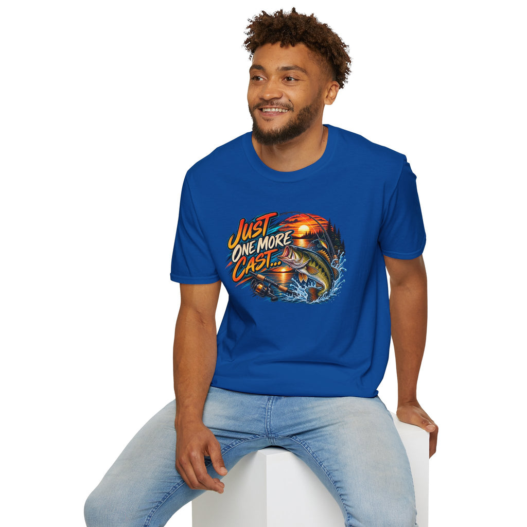 Fishing T-Shirt — "Just One More Cast" Sunset Bass Graphic Tee