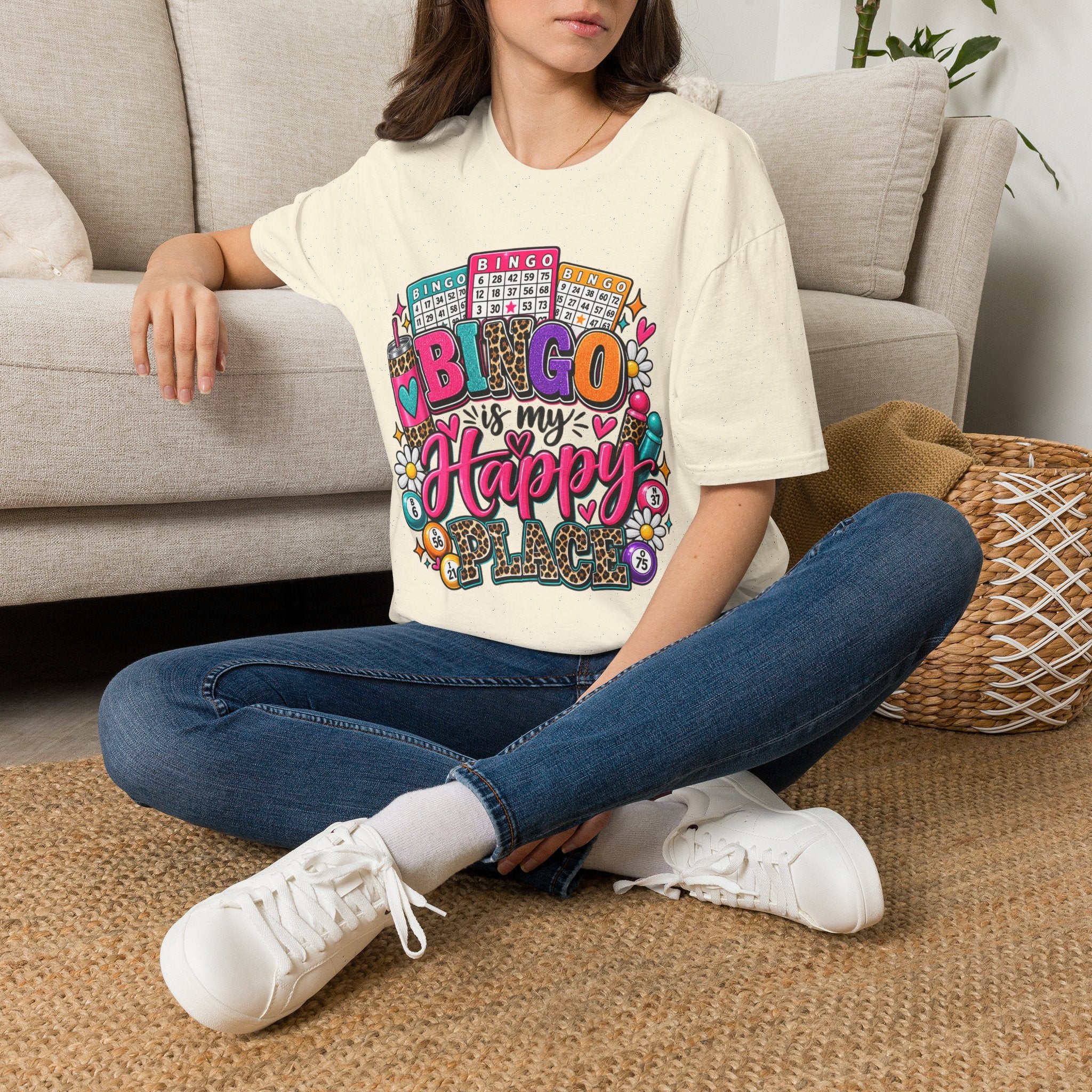 Bingo Is My Happy Place T-Shirt — Colorful Bingo Cards & Leopard Print Design