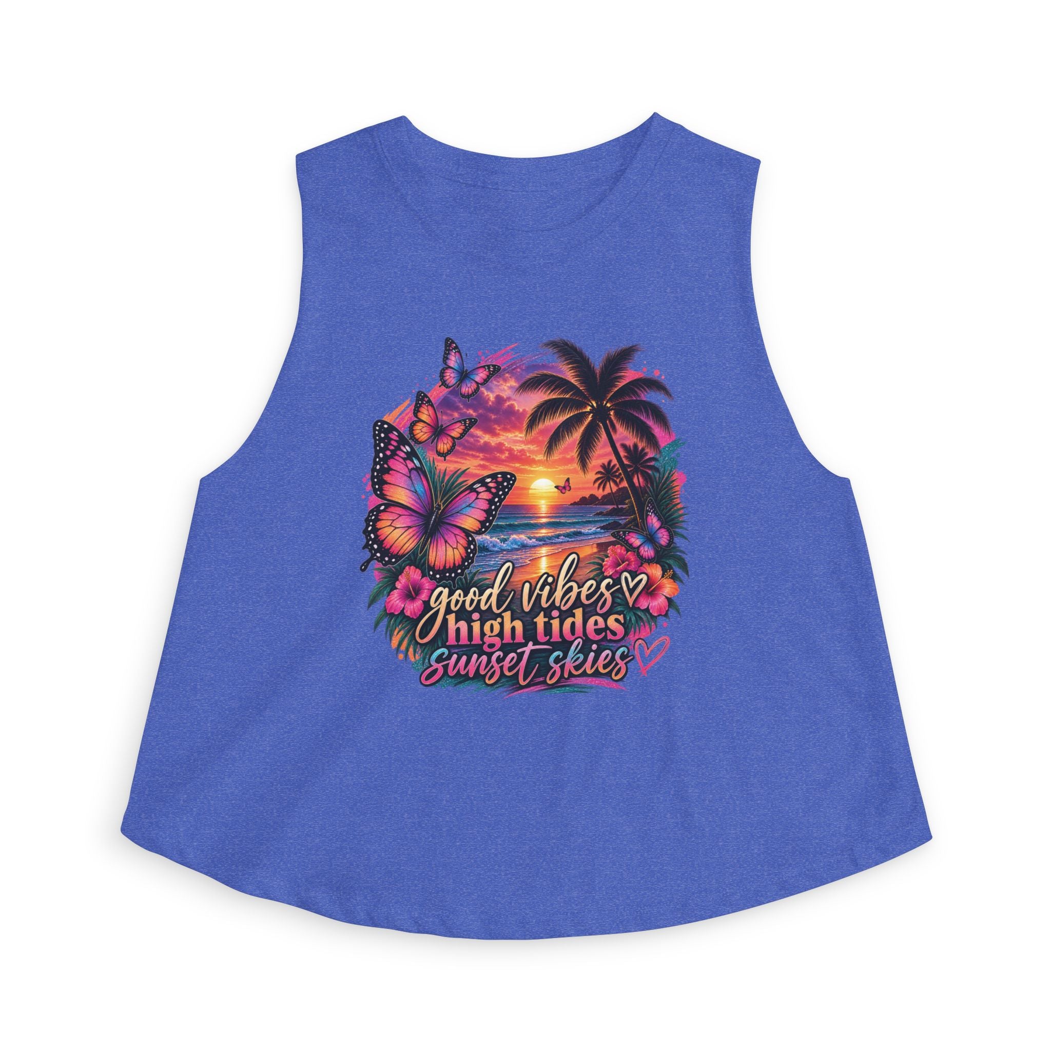 Women's Crop Top — "Good Vibes High Tides Sunset Skies" Tropical Sunset Crop