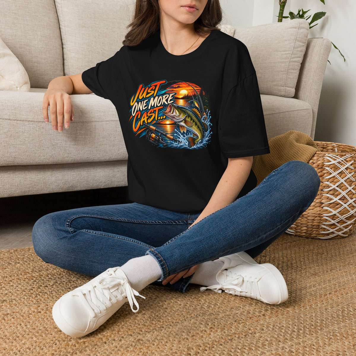 Fishing T-Shirt — "Just One More Cast" Sunset Bass Graphic Tee