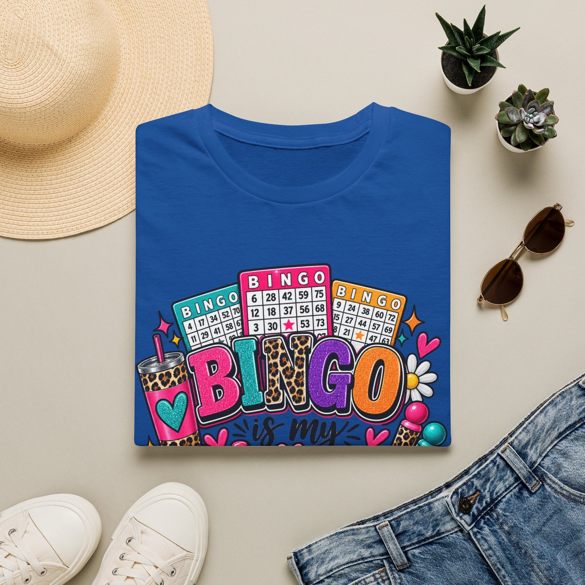 Bingo Is My Happy Place T-Shirt — Colorful Bingo Cards & Leopard Print Design