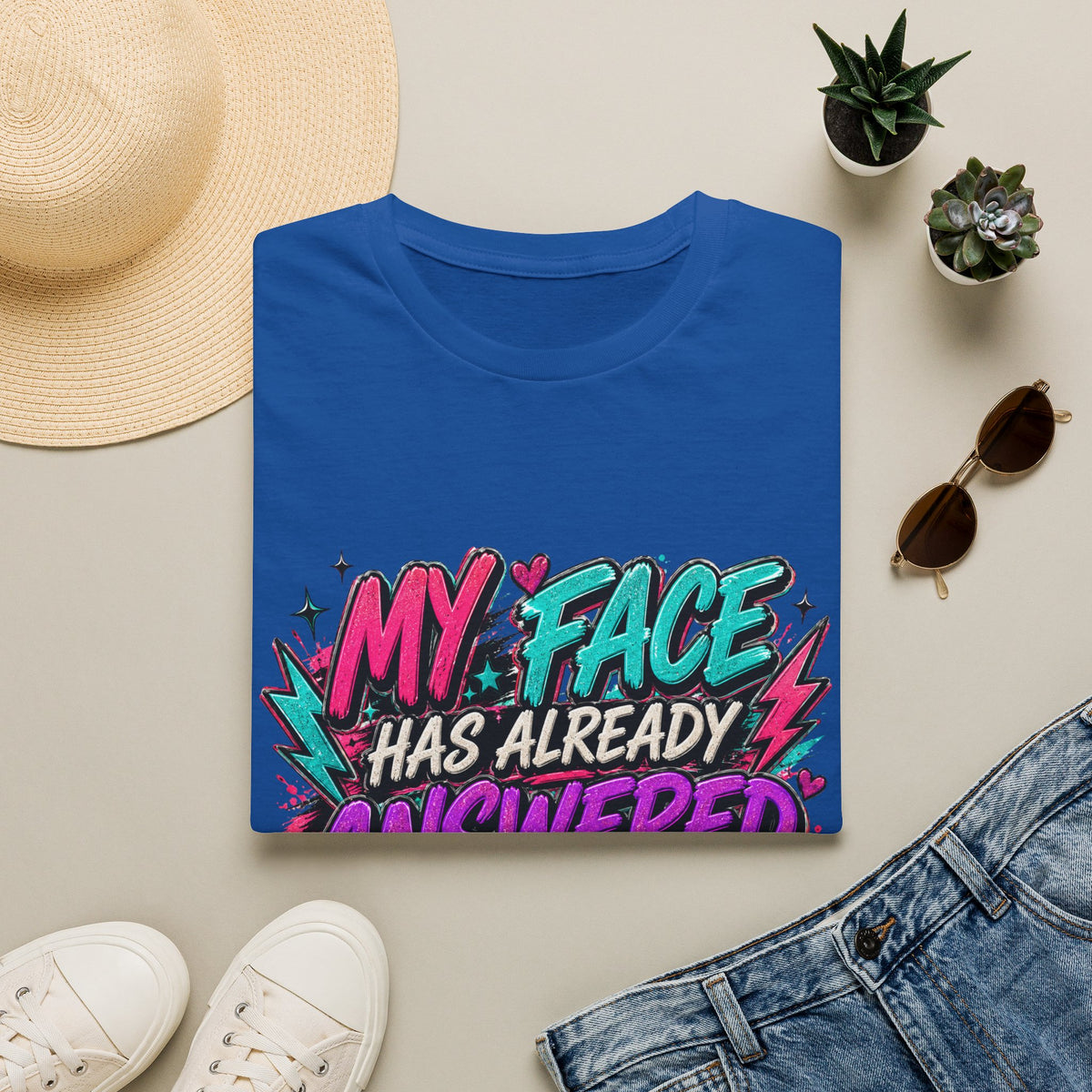 Graphic T-Shirt — "My Face Has Already Answered You" Neon Retro Tee