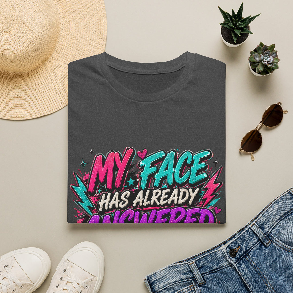 Graphic T-Shirt — "My Face Has Already Answered You" Neon Retro Tee