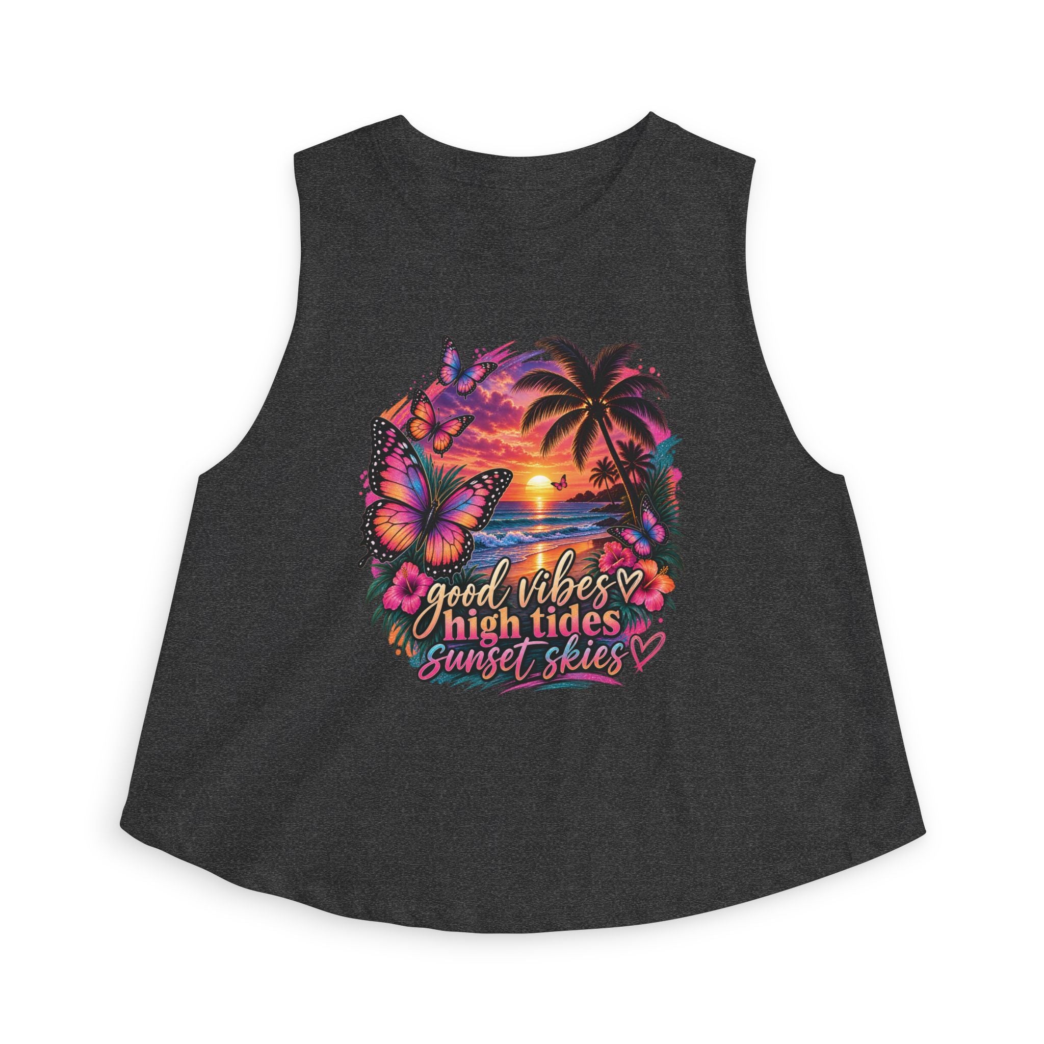 Women's Crop Top — "Good Vibes High Tides Sunset Skies" Tropical Sunset Crop