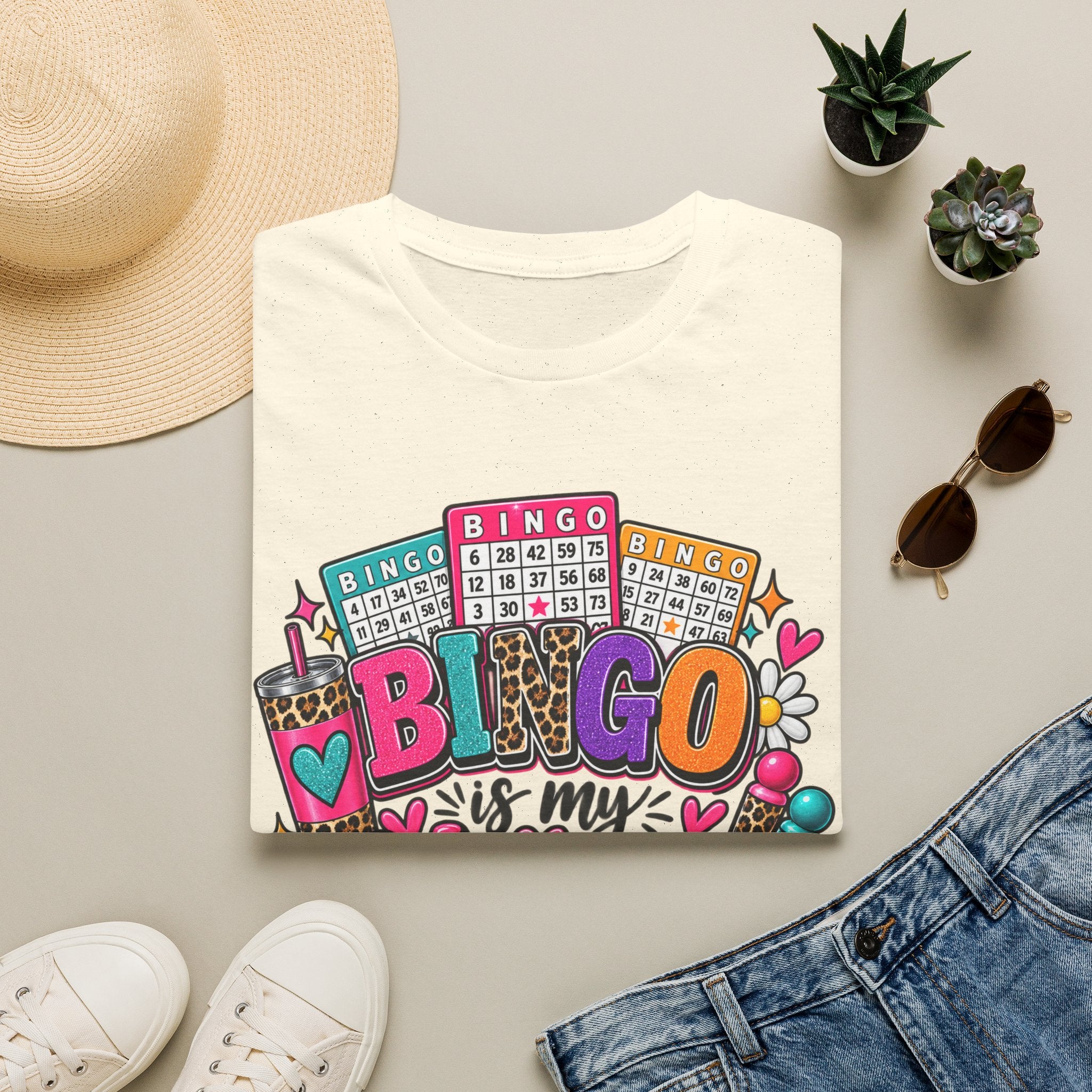Bingo Is My Happy Place T-Shirt — Colorful Bingo Cards & Leopard Print Design