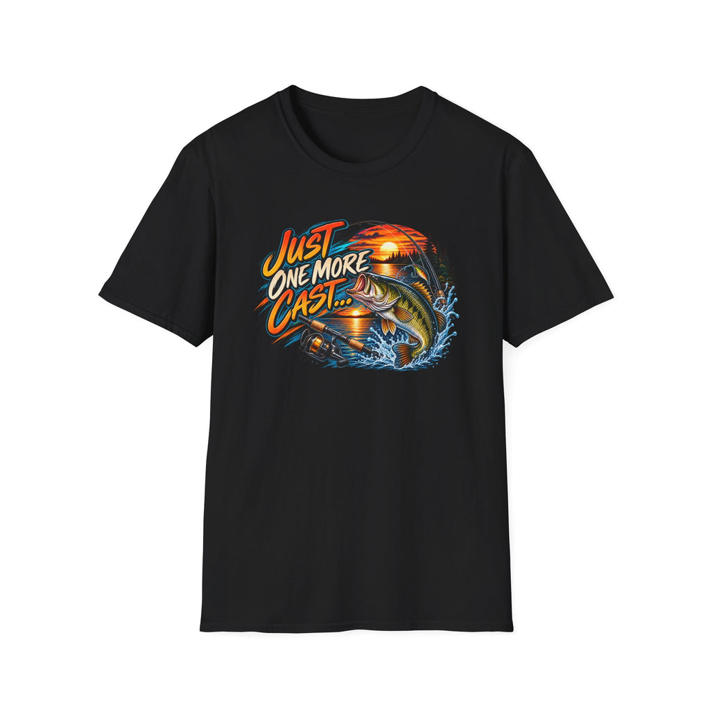 Fishing T-Shirt — "Just One More Cast" Sunset Bass Graphic Tee