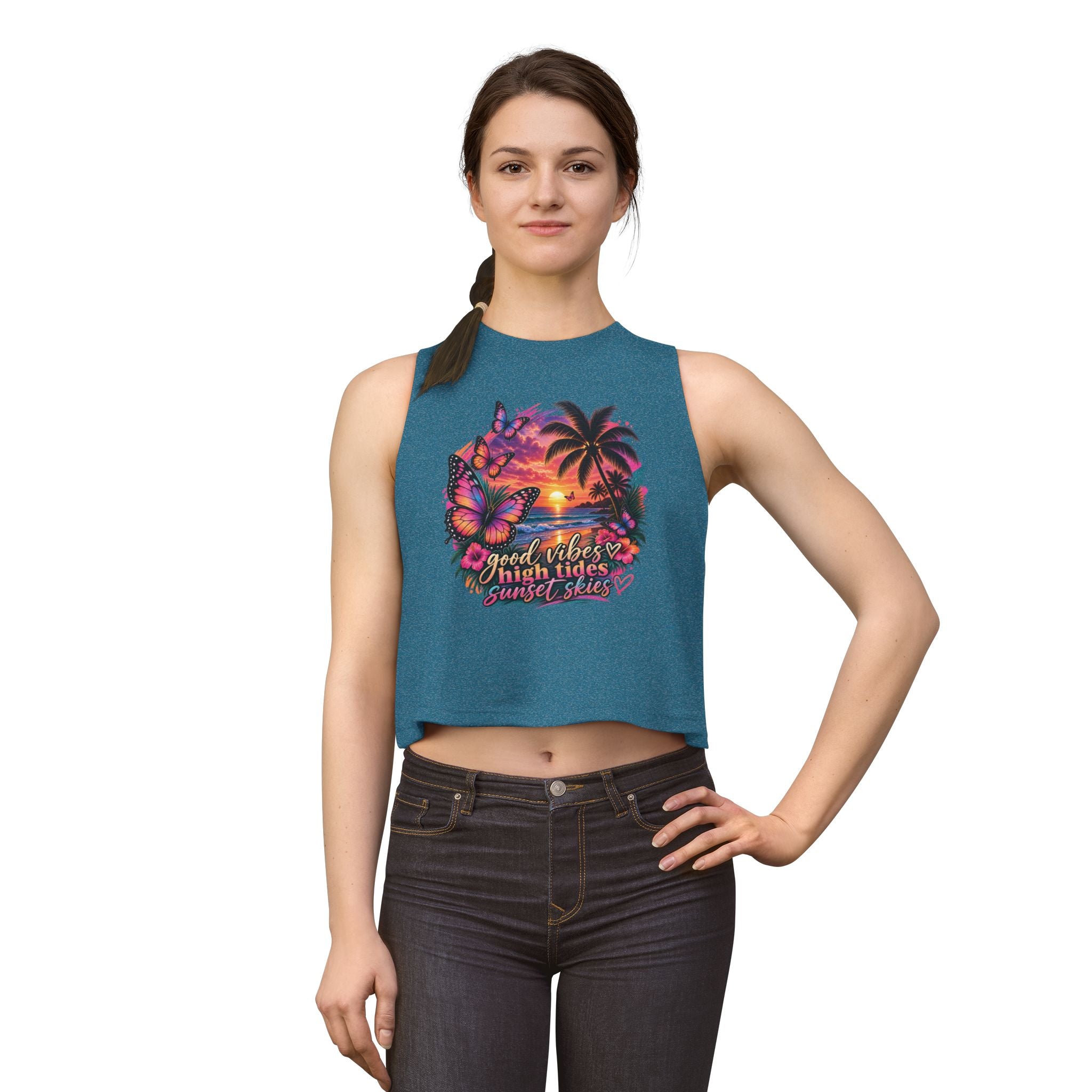 Women's Crop Top — "Good Vibes High Tides Sunset Skies" Tropical Sunset Crop